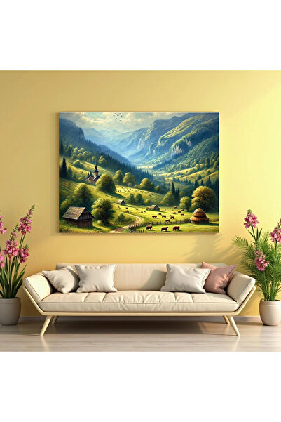 Printees Tablou - Peisaj cu sat de munte - Canvas pe șasiu