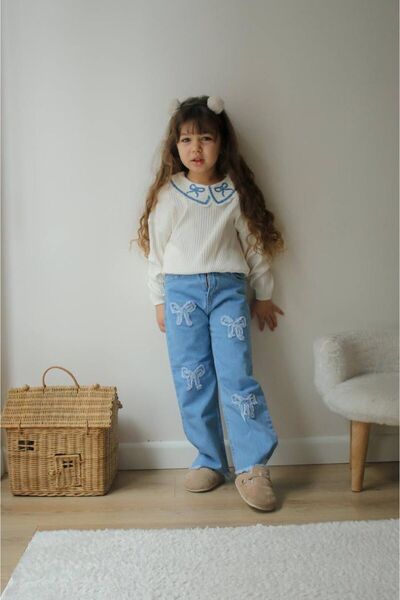 tunays shopping Комплект за момичета на възраст 3-10 години с панталони от деним с панделки и блуза с бродирана яка