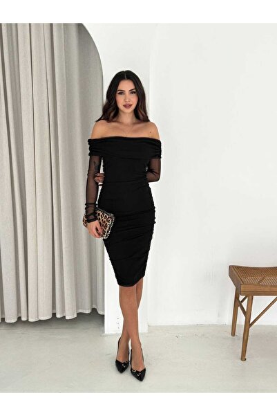 Butik Şenel Μίντι βραδινό φόρεμα με μανίκια από τούλι και γιακά μαντόνα