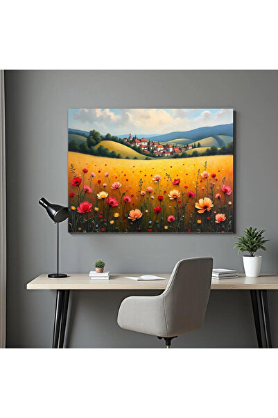 Printees Tablou -Câmp cu flori lângă sat - Canvas pe șasiu - 40x30 cm