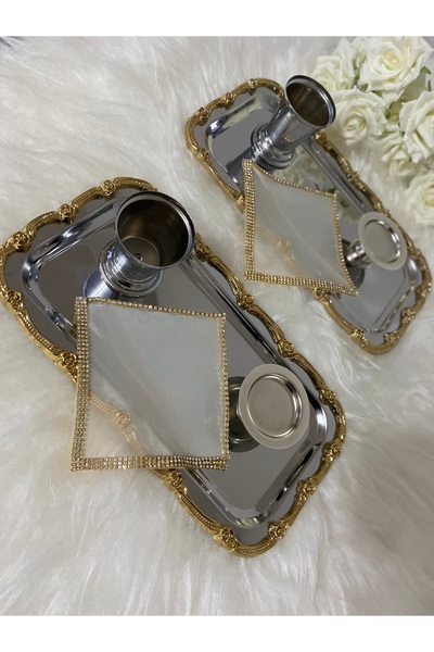 BÜŞRA Kahve yanı sunum peçetesi 2 li Çelik sunum tepsisi 2 li Gül kovası 2 li lokumlum 2 li gümüş setimiz