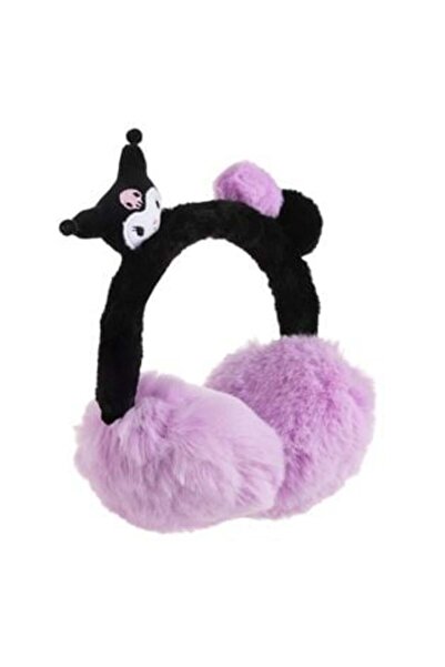 kuromi Căști antifonice liliac și negre cu blană artificială 3D și pompon