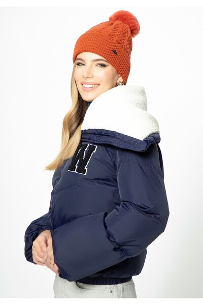 Wittchen Women's Oversized Jacket with Faux Sheepskin Collar Navy Blue Polyester