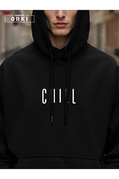 EFFRENATU Chill Printed Black Oversized Hoodie & Black Jogger Tracksuit Set