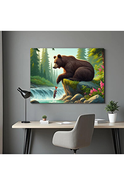 Printees Tablou - Urs pescuind la râu - Canvas pe șasiu
