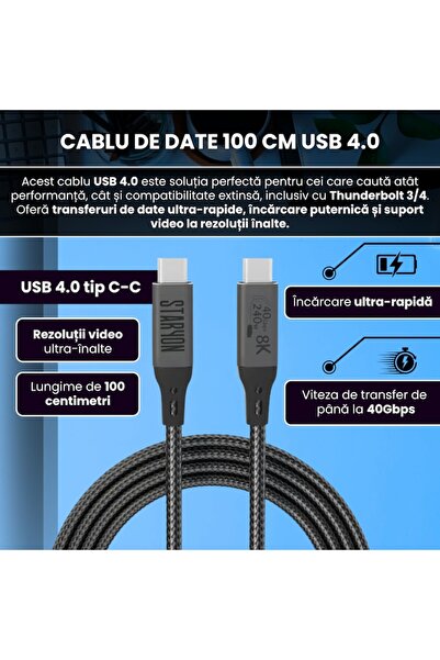 Staryon USB4 data cable 100cm Staryon, USB-C, 40Gbps data transfer, 240W charging, 8K@60Hz video