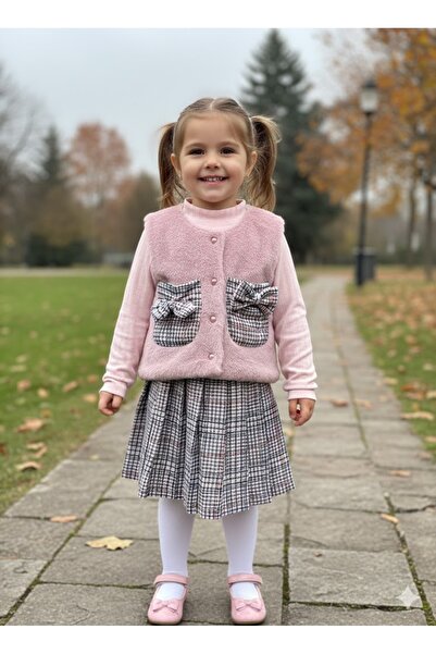 Şimo Butik Set triplu pentru fetiță (vestă de pluș + bluză din bumbac + fustă cu volan) Roz elegant de iarnă
