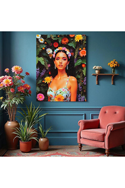 Printees Tablou - Portret de femeie cu flori - Canvas pe șasiu - 40x30 cm