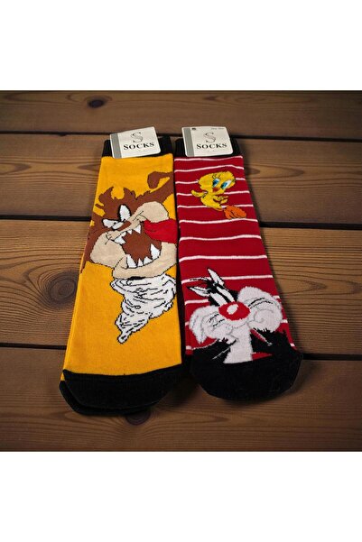 ÇERÇİ MELEK Taz & Tweety Patterned 2-Piece Unisex Colorful Socks (35–39)