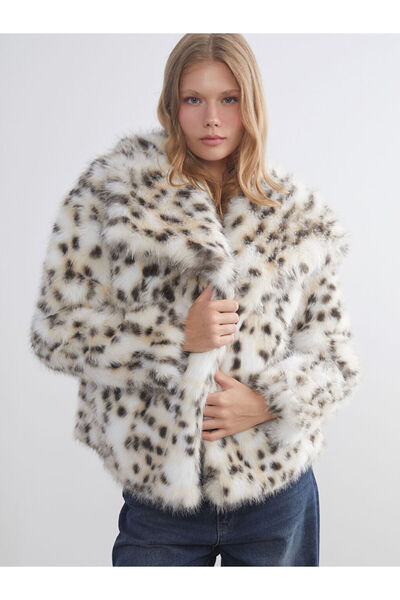 LC Waikiki Jacket Collar Leopard Patterned Women's Faux Fur Coat