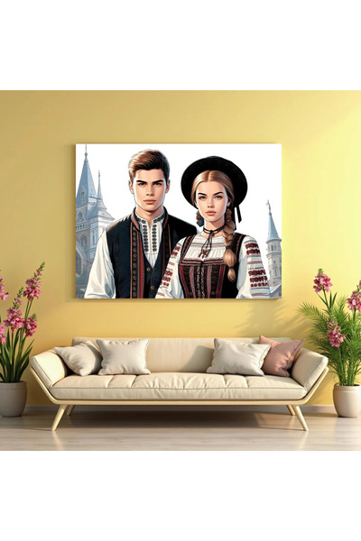 Printees Tablou portret - Cuplu tânăr de români - Canvas pe șasiu