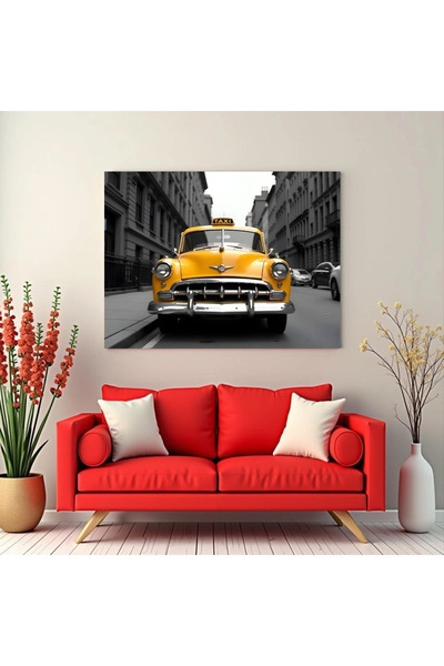 Printees Tablou - Taxi galben pe fundal alb-negru - Canvas pe șasiu - 40x30 cm
