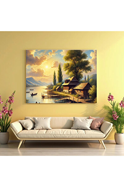 Printees Tablou - Case pe râu - Canvas pe șasiu