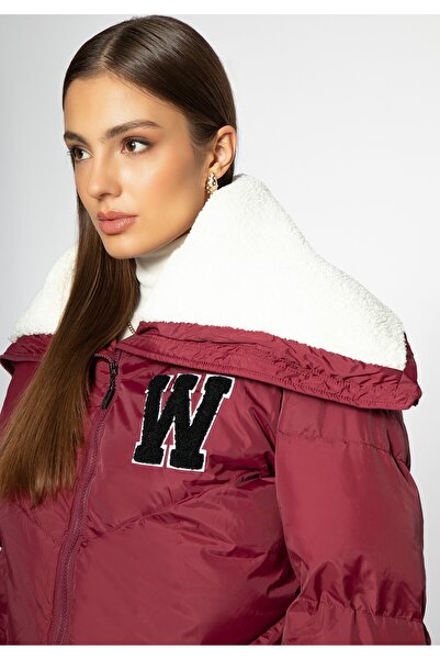 Wittchen Women's Oversized Jacket with Faux Shearling Collar, Dark Red, Dark Red Polyester