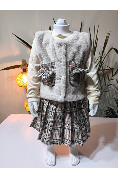 Şimo Butik Girl's Three-Piece Set (Plush Vest+Cotton Blouse+Cashmere Skirt) Stylish Winter Stone Color