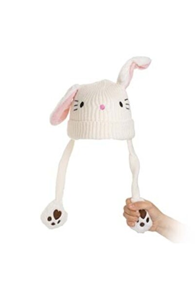 OEM White Knitted Cat Hat with Pink Moving Ears and Fleece Lining for Babies 9 Months