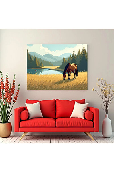 Printees Tablou - Cal păscând lângă lac - Canvas pe șasiu - 40x30 cm