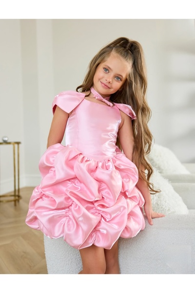 MODA فستان بناتي بتصميم بالون مع فيونكة