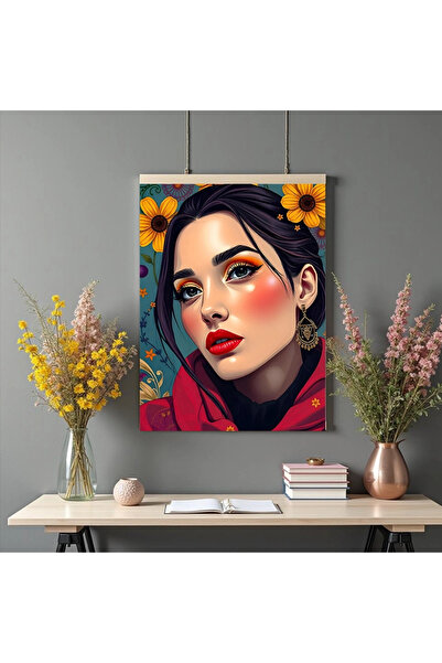 Printees Tablou - Portret și flori galbene - Canvas pe șasiu