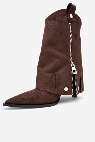 LuviShoes LOLA Kahverengi Süet Fermuarlı Sivri Burunlu Kadın Topuklu Bot