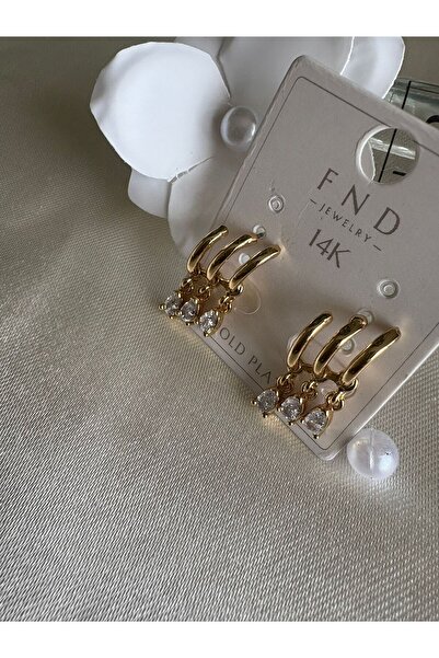 PINARIN TAKI DÜNYASI AKSESUAR 14K Altın Kaplama Gold Zirkon Taşlı 3Lü Görünümlü Kadın Küpe