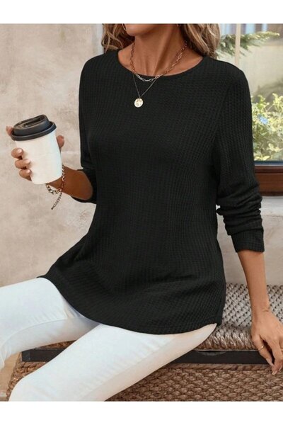 civetta Women's Long Sleeve Round Neck Back Button Waffle Blouse