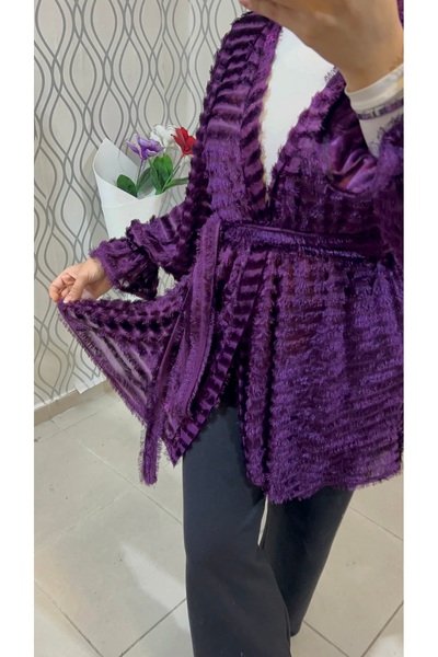 DİLEKBUTİK Purple Feathered Unlined Belted Kimono