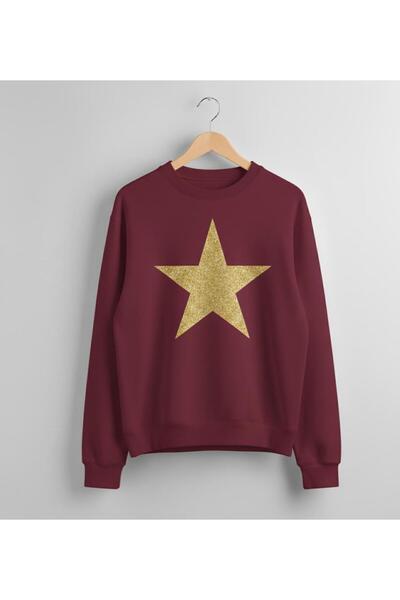 Tr de ilk Gold gerçek simli baskı yıldız desen sweatshirt 3 iplik şardonlu oversize
