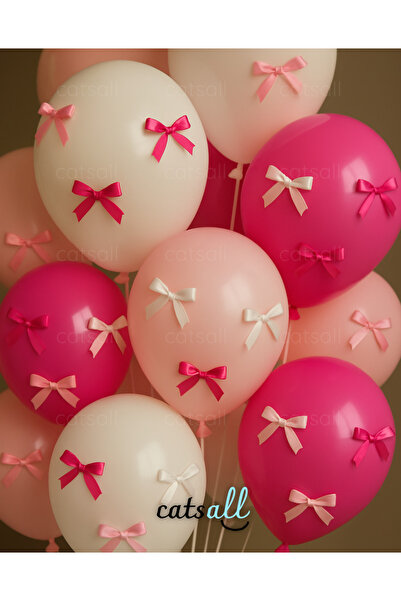 catsall 🎀 Fuşya Pembe Beyaz Kurdeleli Balon Seti 🎈 (10 Balon + 30 Yapışkanl...