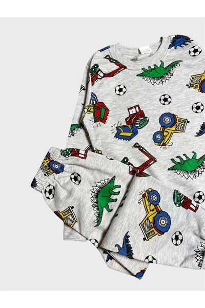 ALİŞ KİDS Boy's Cotton Fleece-Lined Gray Workwear Scoop Patterned Long Sleeve Winter Pajama Set