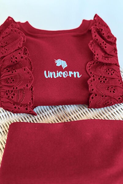 Minigimin Cicileri My Little One's Cicileri Uncrn Fisto Detailed Girls' 2-Piece Set - Burgundy