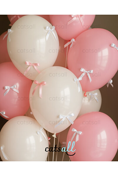 catsall 🎀 Pembe ve Beyaz Kurdeleli Balon Seti 🎈 (10 Balon + 30 Yapışkanlı K...