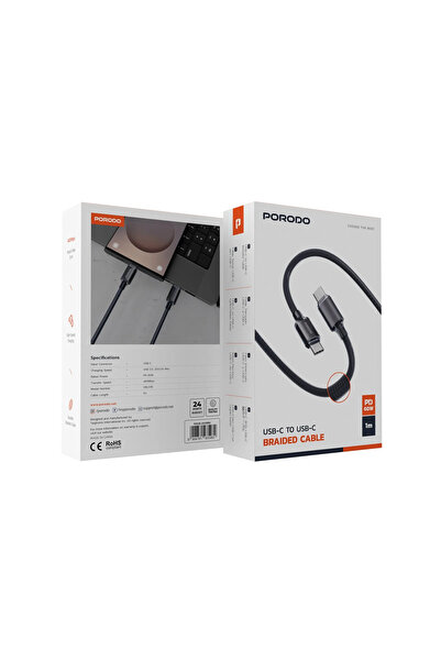 porodo كابل مضفر من USB-C إلى USB-C - أسود