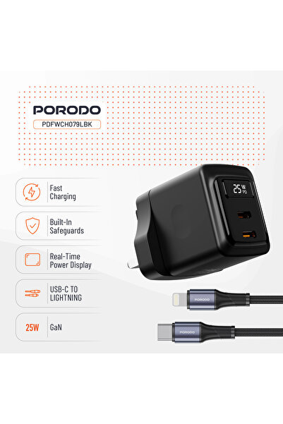 porodo شاحن حائط Gan 25 وات بمنفذي USB-C وشاشة عرض الطاقة في الوقت الفعلي - أسود