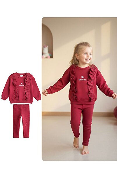 Minigimin Cicileri My Little One's Cicileri Uncrn Fisto Detailed Girls' 2-Piece Set - Burgundy