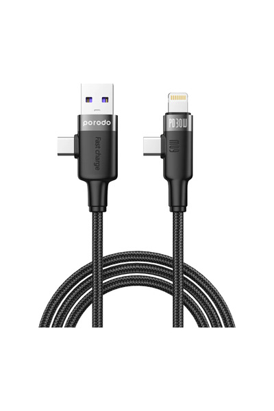 porodo كابل شحن سريع مضفر 60 وات من USB-A/Type C إلى C/C-L بطول 1 متر - أسود
