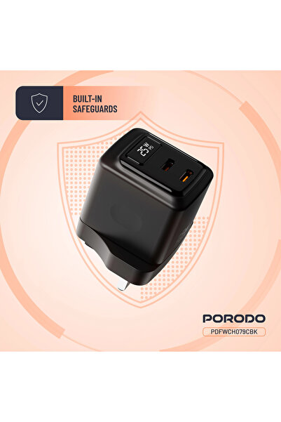 porodo شاحن حائط Gan 25 وات بمنفذي USB-C وشاشة عرض الطاقة في الوقت الفعلي - أسود