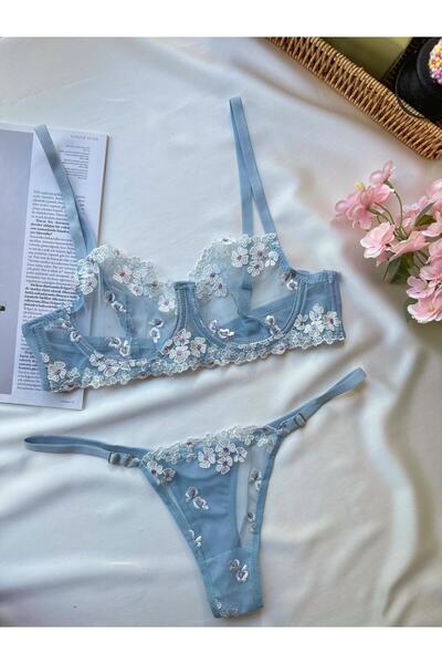 Pelife Underwear Mavi Çiçekli Balenli Tül Sütyen Takımı | Külot Takımı - Tran...