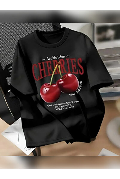 TİMİSİVA Μπλουζάκι Unisex oversized KİRAZ B με τύπωμα με κοντό μανίκι ΜΑΥΡΟ