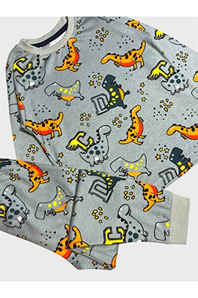 elmas kids Boy's 100% Cotton Green Dinosaur Patterned Long Sleeve Pajama Set