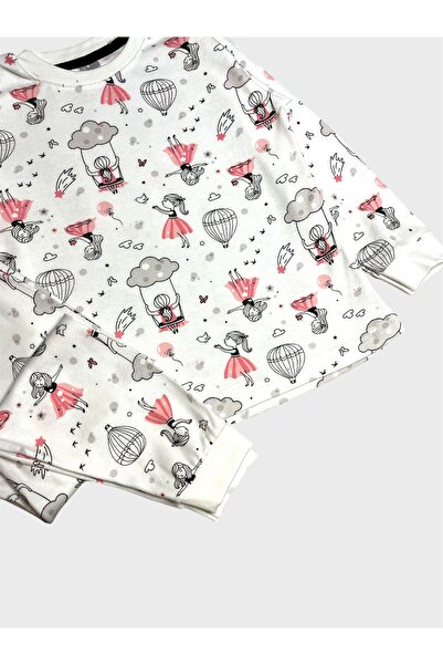 elmas kids Girls' 100% Cotton White Balloon Swing Cloud Patterned Long Sleeve Pajama Set