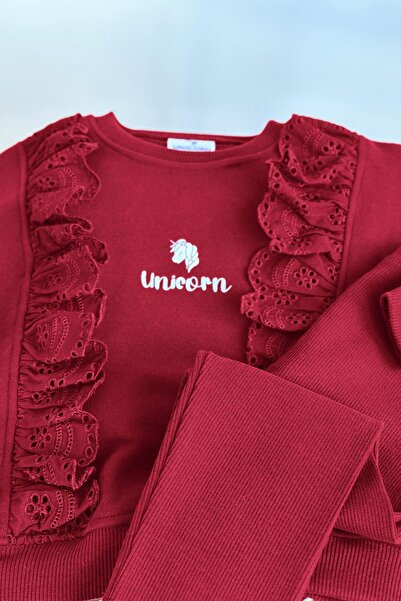 Minigimin Cicileri My Little One's Cicileri Uncrn Fisto Detailed Girls' 2-Piece Set - Burgundy