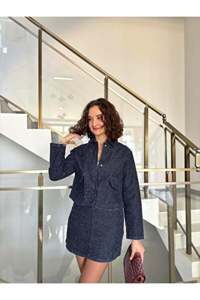 Sude Kızanlıklı Self-Textured Denim Mini Skirt Jacket Set