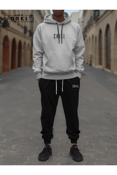 EFFRENATU Chill Printed Gray Oversize Hoodie & Black Jogger Tracksuit Set