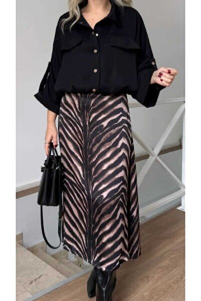 NÜANS MODA Tiger Print Satin Midi Skirt