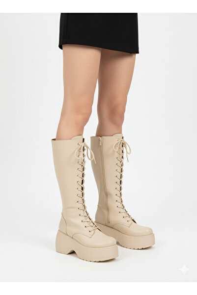 Limeo Thick High Wedge Heeled Zippered Below-The-Knee Plain Lace-Up Women's Boots