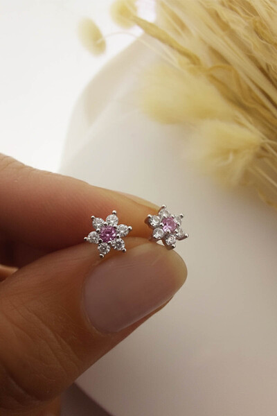 VAOOV 925 Ayar Gümüş Pembe Taşlı Minimal Lotus Küpe