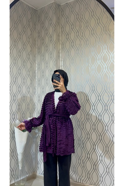 DİLEKBUTİK Purple Feathered Unlined Belted Kimono