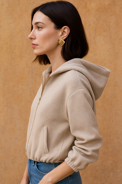 Pissos Corded Fabric Textured Zippered Hooded Stone Jacket – Oversized Women's Sweat Coat