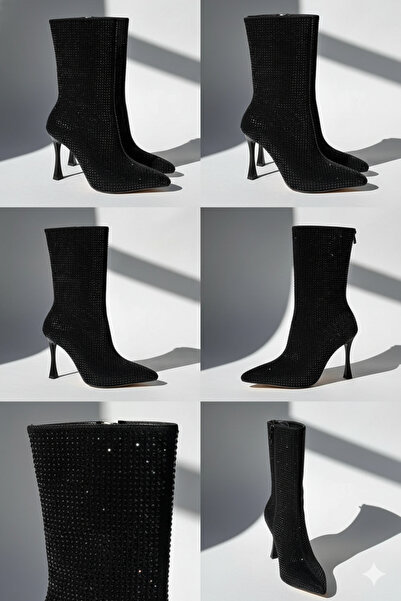 leopar by çetinay LVN890 Noir Crystal Boot | Kadın Siyah Taş Detaylı İnce Topuklu Bilekte Zarif Gece & Davet Botu